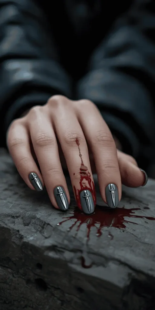 Tiny silver knife decals with blood drops are edgy and horror-movie chic. Keep the background neutral so the knives pop.