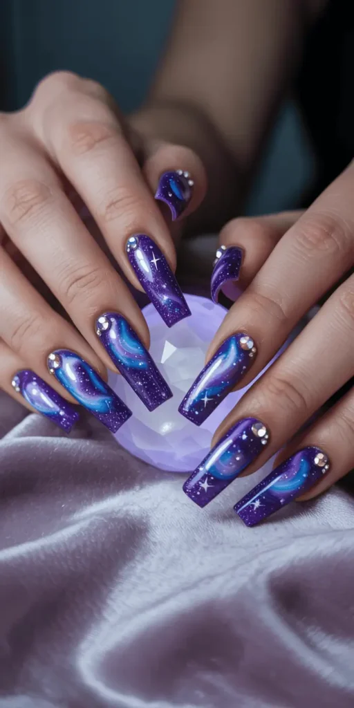 Add a little fortune-teller magic with glittery purple polish and mini crystal ball illustrations. Fun, sparkly, and spiritual.