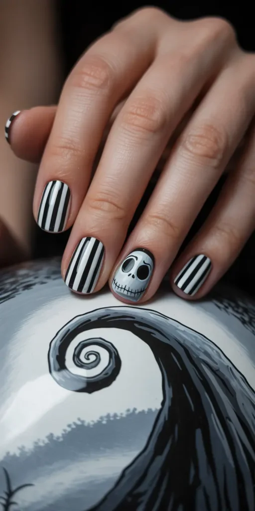 Channel Tim Burton with spirals, pinstripes, Jack Skellington faces, and stars. Perfect for fans of the spooky-sweet style.