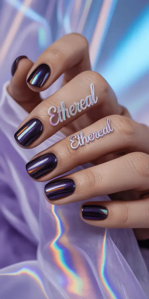 Shiny, shifty holographic nails in black, purple, or green look like Halloween magic bottled up. Add subtle accents like stars or moons.