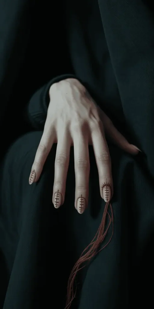 Make your manicure look stitched up with red thread designs across a nude or grey base. Slightly disturbing — and totally Halloween-approved.