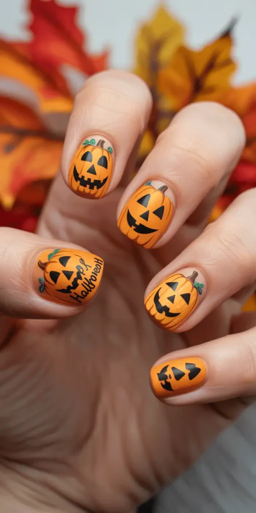 Nothing says Halloween like a row of glowing jack-o’-lantern smiles. Mix it up with matte and glossy finishes for texture play.