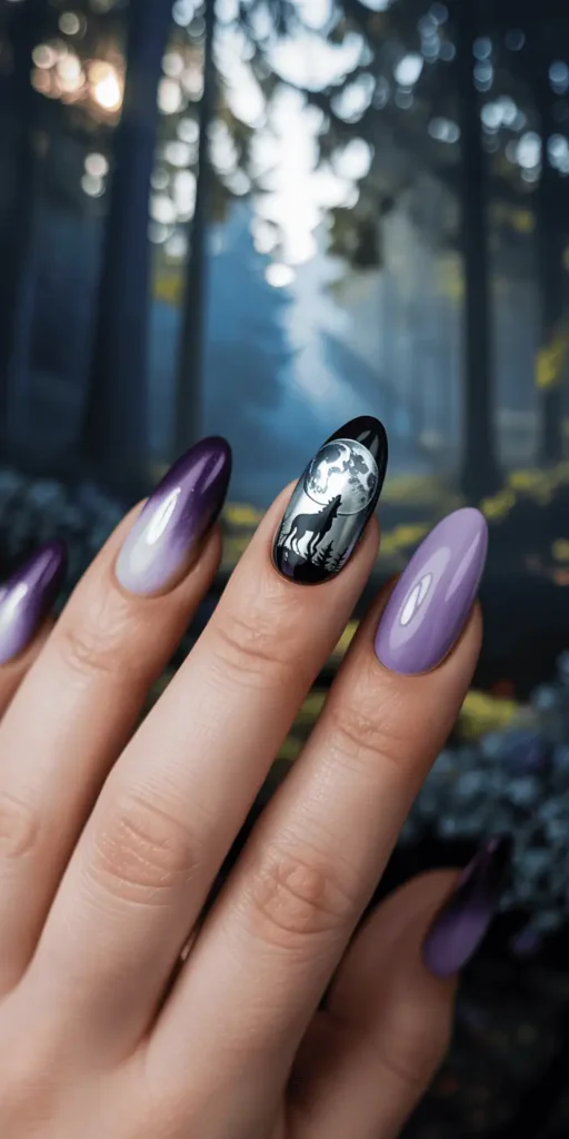 A misty forest scene with a full moon and owl or wolf silhouettes gives your nails a moody, enchanting story.