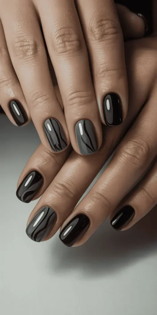 Create contrast with all-black nails — but alternate matte and glossy finishes for texture and shine without needing color.