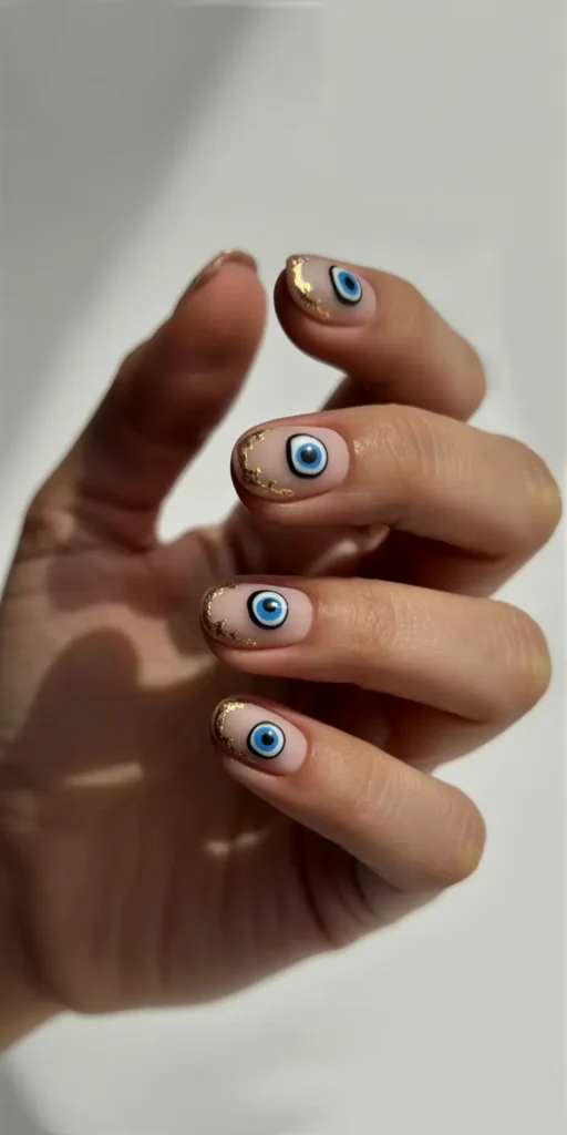 Ward off bad vibes with evil eye designs in white, blue, or black. Add stars or dots to create a cosmic, protective look.