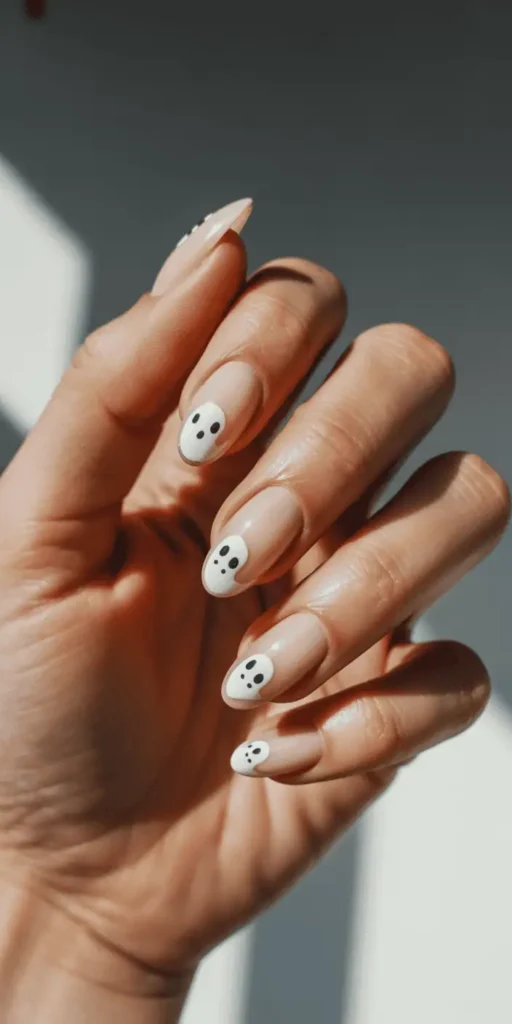 Subtle yet playful, ghost nails are a Halloween classic. A nude or white base with floating ghost faces gives a fun and chic vibe. Add a matte top coat for extra softness or keep it glossy for a playful finish.