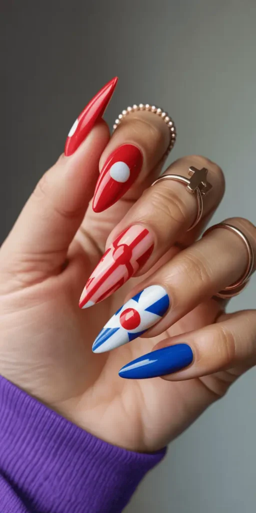 Terrify in style with clown-inspired designs. Use bold colors, teardrop shapes, and graphic patterns for a nail look that’s circus-chic.