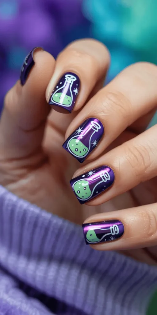 Deep green or purple nails with bubbling potion effects look mystical and unique. Use chrome or holo polish for a magical finish.