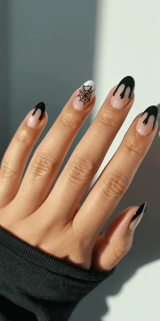 Take your classic French mani and add a spooky twist: dripping blood, ghost tips, or spiderwebs instead of white. Minimal but thematic.