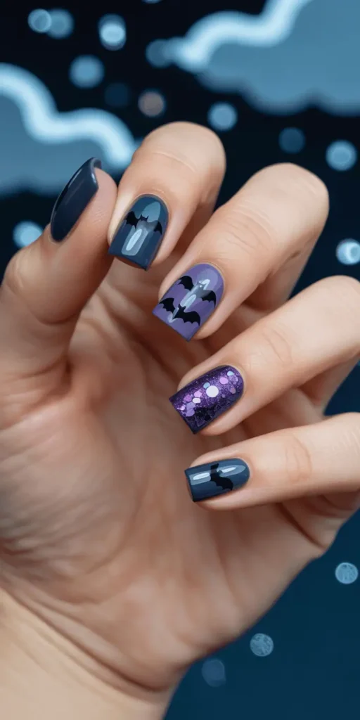 Flying bats across a deep purple or midnight blue background create a moody, spooky manicure. Try gold foil accents for a luxe finish.