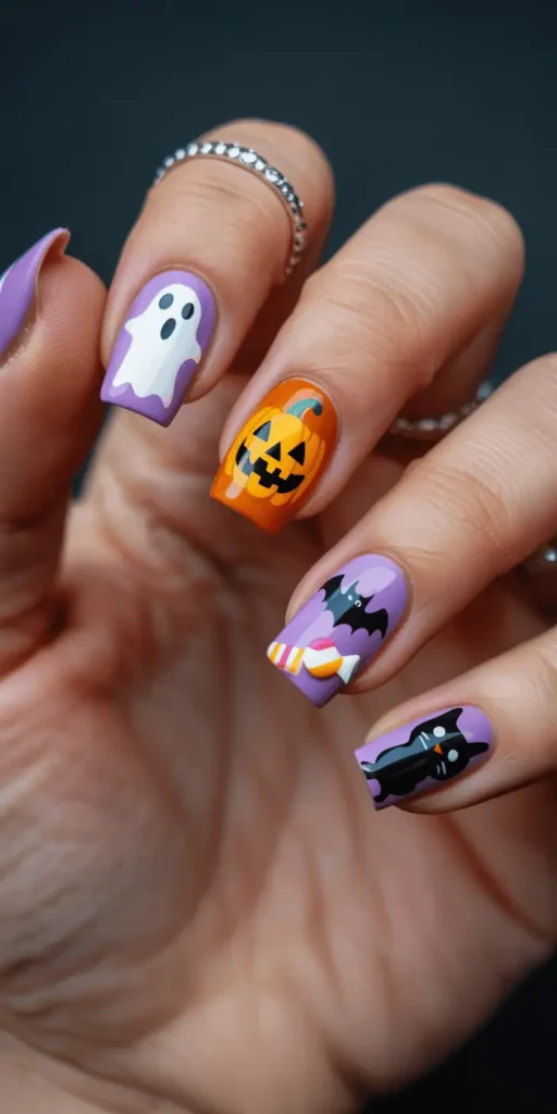 Can’t decide? Mix it all! Paint each nail with a different Halloween design — one ghost, one pumpkin, one bat, one candy, and one cat. It’s playful and gets tons of compliments.