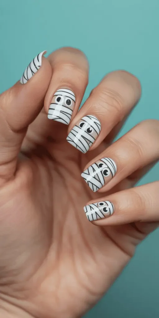 White strips, googly eyes, and a bit of silliness — mummy nails are perfect for a fun, light-hearted twist. Great for kids or playful adults alike.