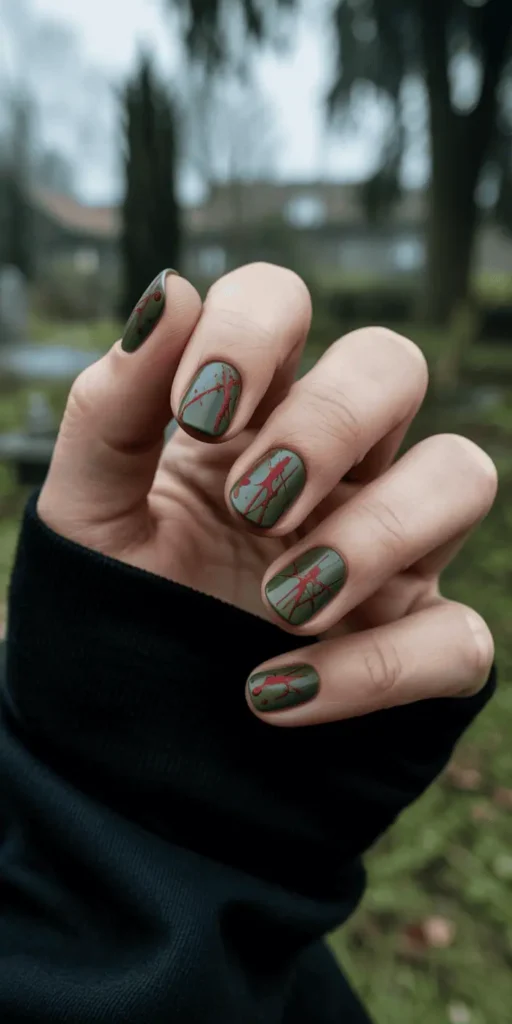 Go grunge with murky green nails, blood splatters, and scratch details. Add cracked polish or texture effects for extra undead realness.