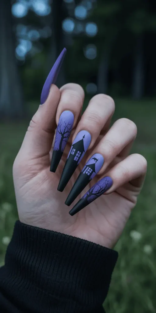 Bring a little story to your manicure with haunted houses, moons, and trees silhouetted on an ombré sky. It's like having Halloween night on your fingertips.