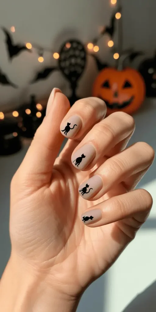 These mysterious felines are Halloween icons. Add black cat silhouettes over neutral polish or go with glossy black-on-black textures for subtle dimension.
