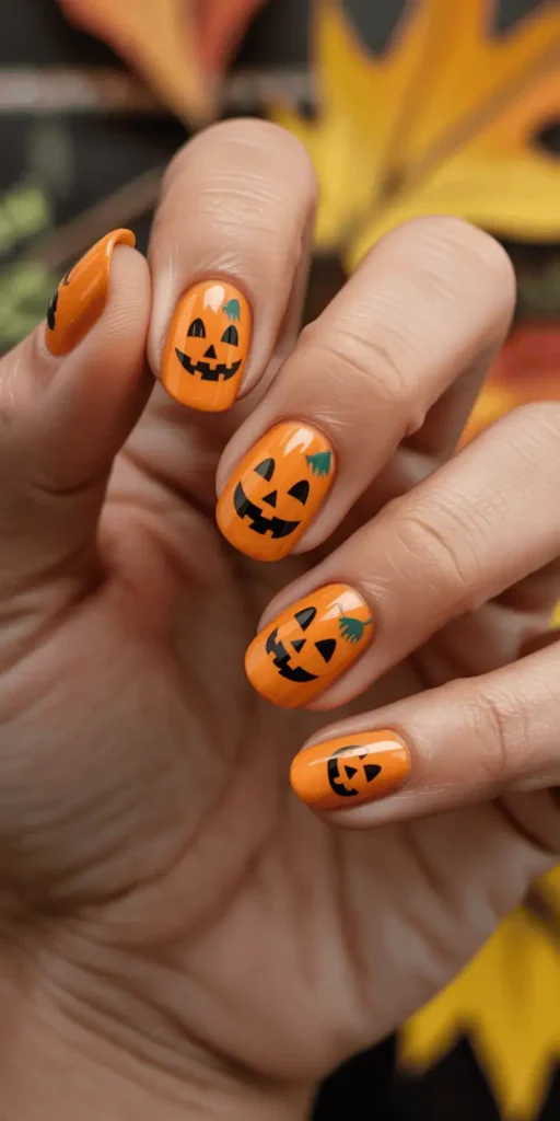 Classic but never boring, pumpkin designs on vibrant orange nails deliver full fall vibes. Mix jack-o’-lantern faces with plaid or leaf patterns for variety.