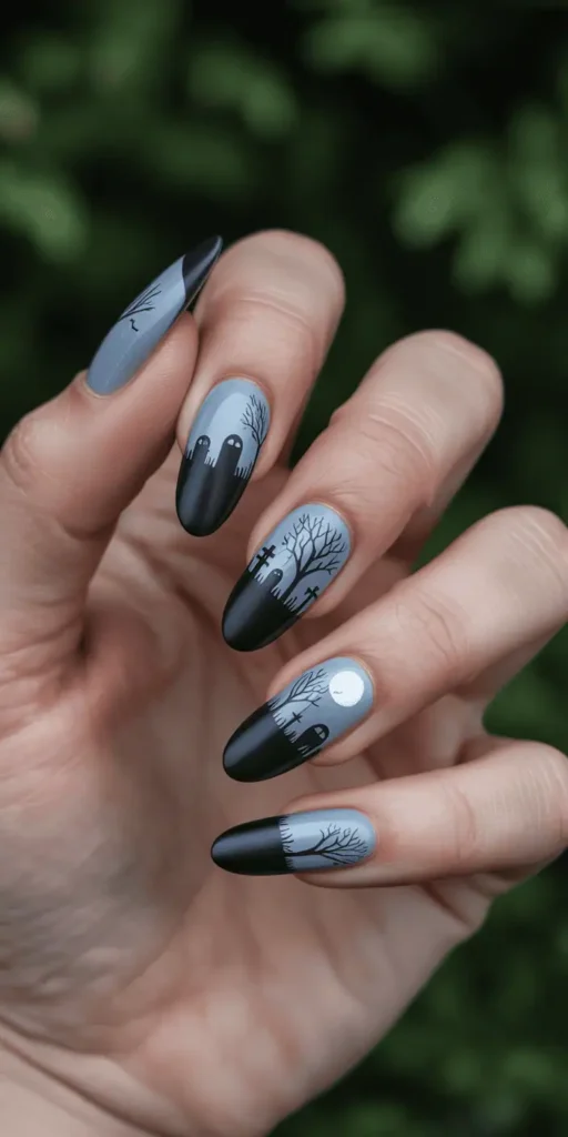 Tiny tombstones, misty silhouettes, and crescent moons set the scene for these detailed graveyard designs. Ideal for nail art pros or decals.