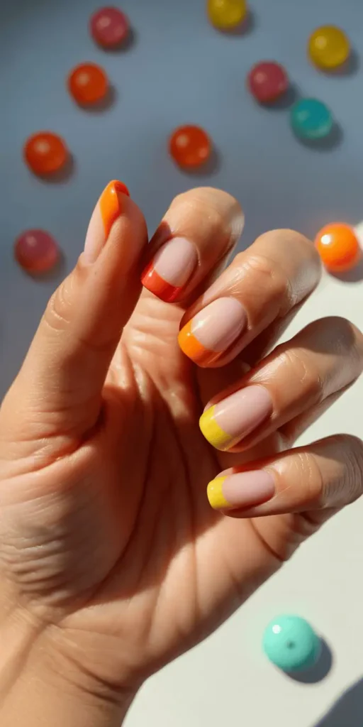 Orange, yellow, and white gradient tips give sweet, nostalgic flair to your nails. This look is perfect for short nails and easy to DIY.