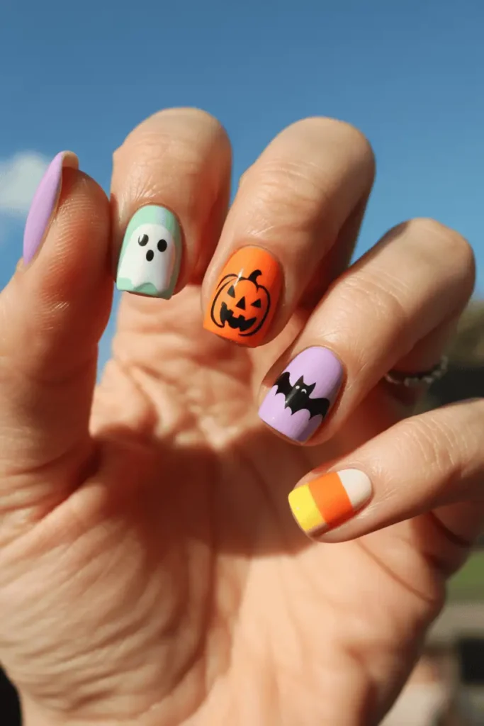 Different pastel designs on each nail (ghost, pumpkin, bat, candy corn). Fun and colorful look, bright daylight photo.