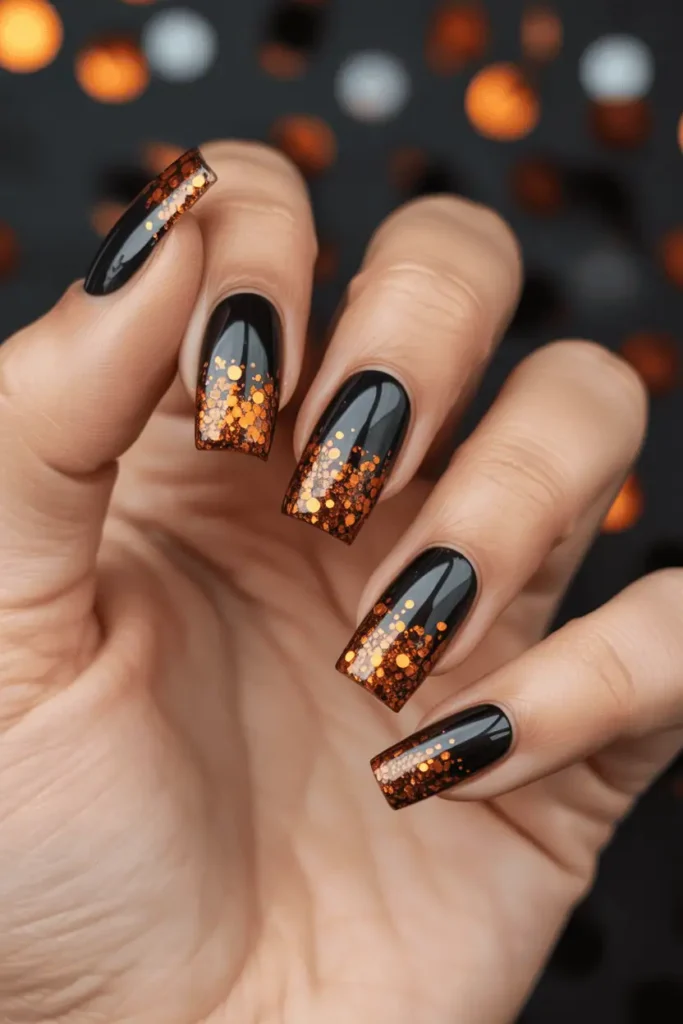 Nails with black base fading into orange glitter tips. Sparkly ombré effect, styled against Halloween confetti background.