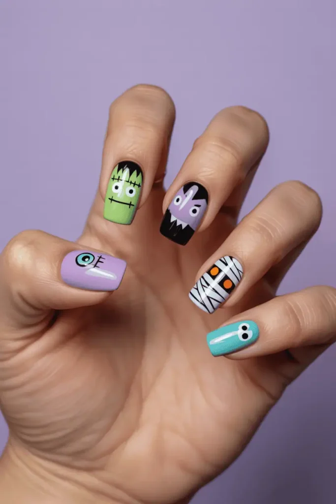 Each nail painted with a different cartoon monster (Frankenstein, Dracula, mummy). Colorful, fun vibe, styled on pastel background.