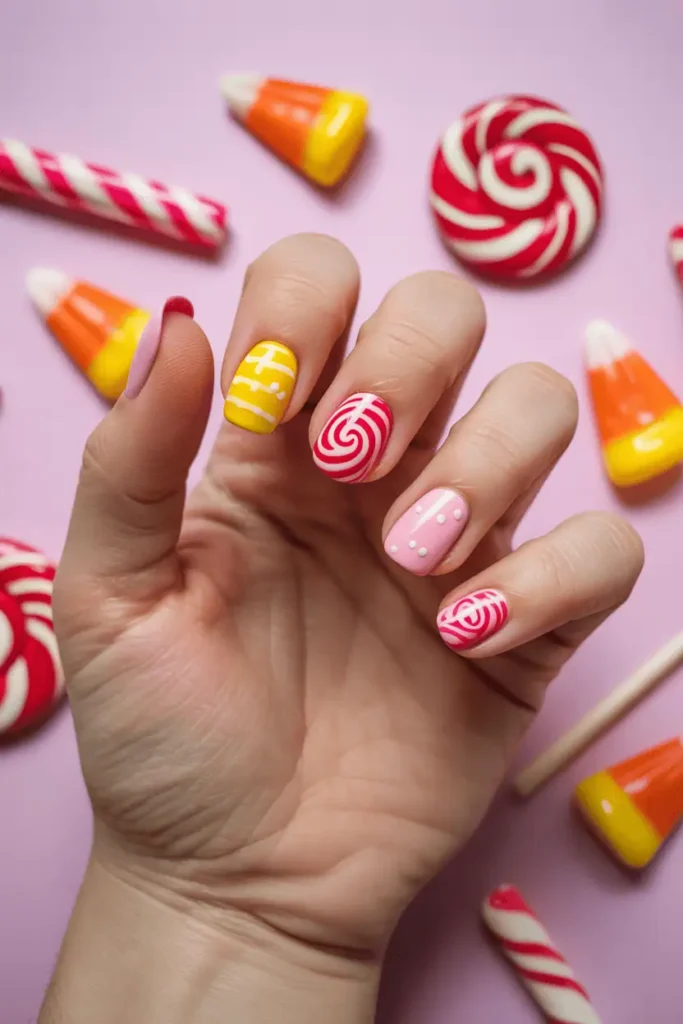 Mix of nails with peppermint swirls, lollipop stripes, and candy corn accents. Bright pastel color palette, playful background with candy scattered.