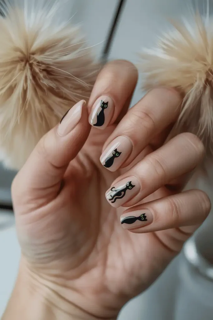 Nude nails with sleek black cat silhouettes and green glowing eyes. Chic, modern look with soft neutral props in background