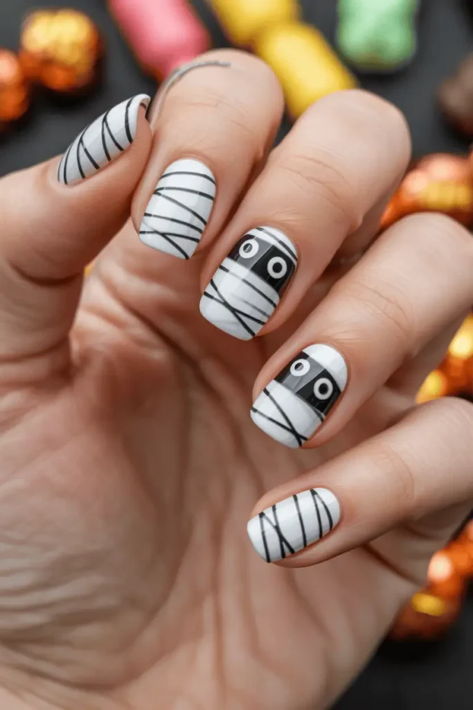 White nails with thin black wrap lines resembling mummy bandages. Cute peeking eyes on accent nails. Styled against a Halloween candy background.