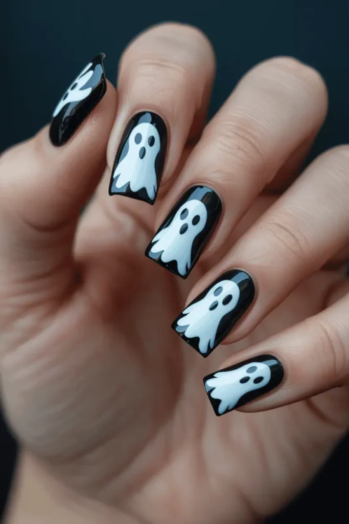 Nails with black base and white ghost outlines. Ghosts glowing under UV light effect, spooky but playful vibe.