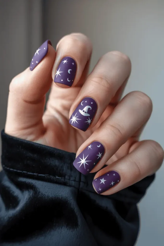 Matte purple nails with silver stars and tiny moons. Accent nail with a small witch hat. Styled with a black velvet background for contrast.