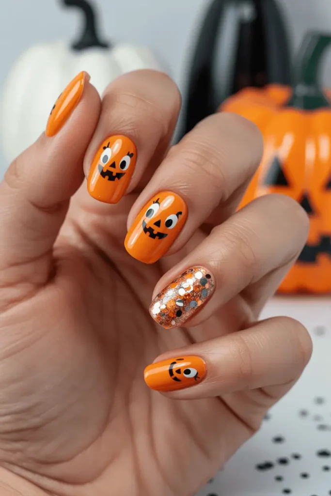 Bright orange nails with cute cartoon pumpkin faces. One accent nail with glitter. Halloween décor props in the background.