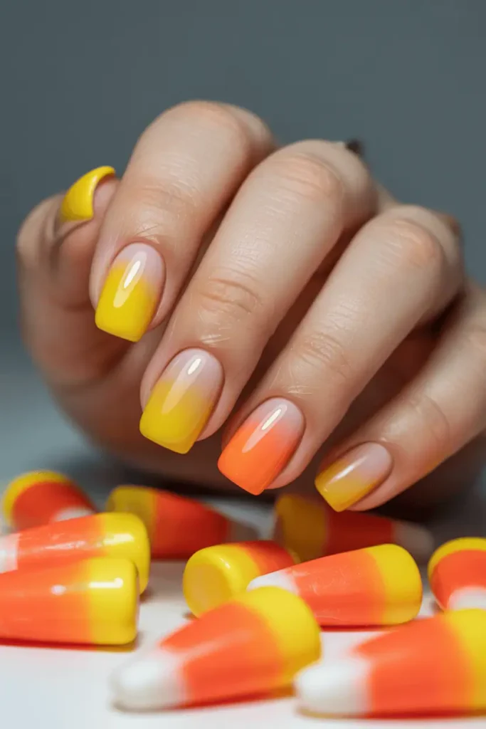 Gradient nails fading from yellow at the cuticle to orange in the middle and white at the tips. Glossy finish, styled with candy corn scattered around.