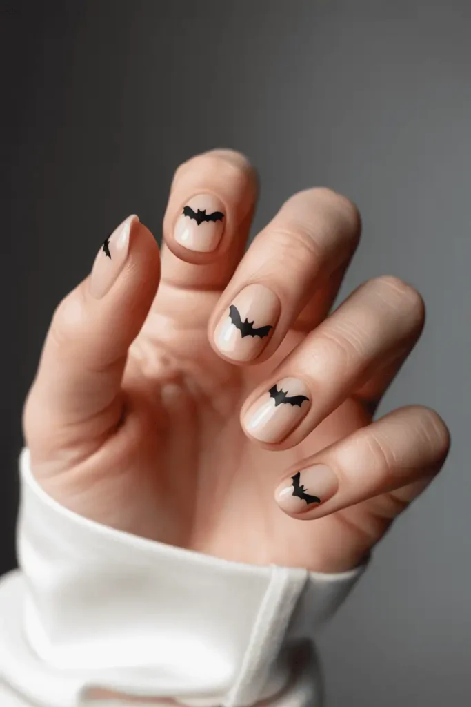 Short oval nails with nude base, tiny matte black bat silhouettes. Minimalist aesthetic, soft studio lighting.