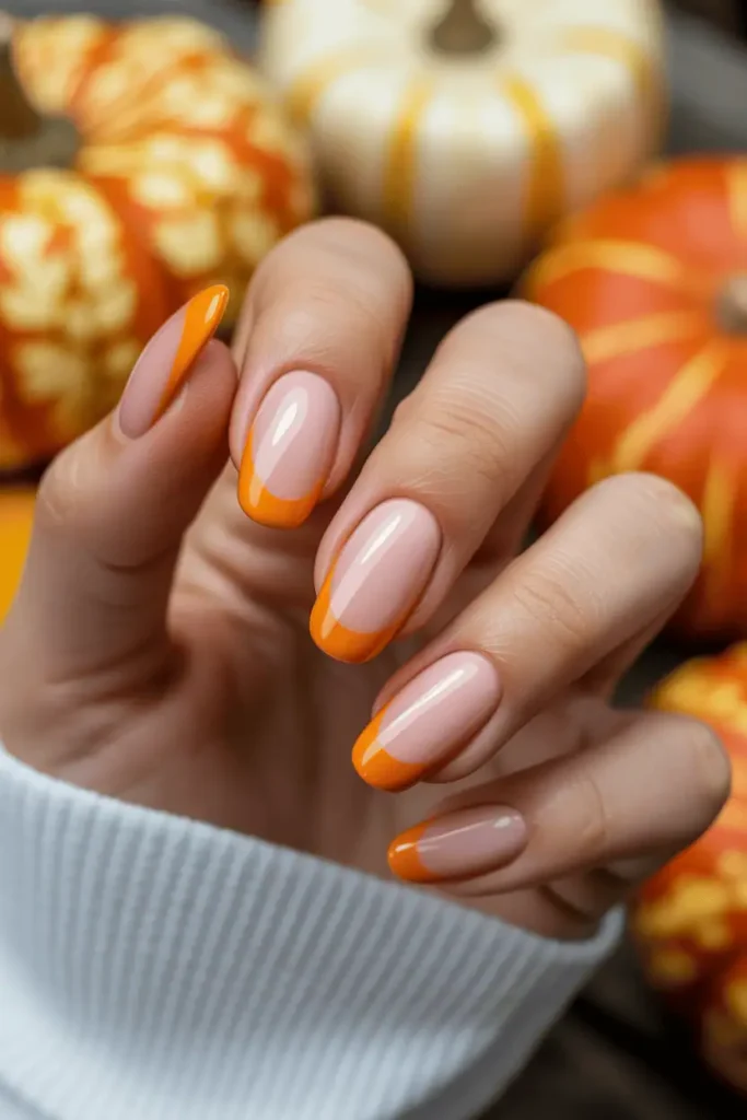 Manicured nails with nude base and bright orange pumpkins at the tips. Cute, glossy finish, elegant almond nail shape. Styled on cozy fall background with pumpkins blurred in distance.