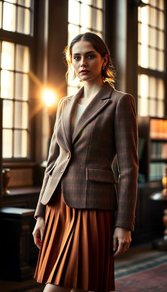 A classic tweed blazer in a rich autumn palette, expertly tailored with subtle herringbone patterns. Paired with a pleated skirt in a complementary solid hue, the ensemble exuding an air of sophisticated elegance. Sunlight filters through tall windows, casting a warm, golden glow across the scene. The model stands poised, one hand resting on the blazer's lapel, the other clutching the skirt's pleats, a pensive expression on her face. The background features bookshelves and dark wood furnishings, evoking a sense of academic refinement. Soft, diffused lighting illuminates the outfit, highlighting the intricate textures and sharp lines. The overall atmosphere is one of timeless, autumnal style. A classic tweed blazer in a rich autumn palette, expertly tailored with subtle herringbone patterns. Paired with a pleated skirt in a complementary solid hue, the ensemble exuding an air of sophisticated elegance. Sunlight filters through tall windows, casting a warm, golden glow across the scene. The model stands poised, one hand resting on the blazer's lapel, the other clutching the skirt's pleats, a pensive expression on her face. The background features bookshelves and dark wood furnishings, evoking a sense of academic refinement. Soft, diffused lighting illuminates the outfit, highlighting the intricate textures and sharp lines. The overall atmosphere is one of timeless, autumnal style.