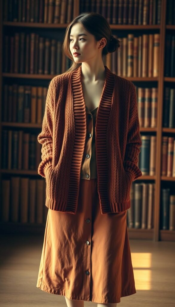 A cozy, academic-style cardigan in a rich, autumnal hue, its soft knit texture inviting touch. Paired with a midi-length skirt in a complementary shade, the outfit's silhouette effortlessly blends classic elegance and modern sophistication. Soft lighting casts a warm, golden glow, creating an atmosphere of intellectual contemplation. The scene is set against a backdrop of bookshelves, their weathered spines hinting at the wealth of knowledge they contain. The angle captures the ensemble from a slightly elevated perspective, emphasizing the harmonious interplay of the garments' forms and the refined, cerebral ambiance of the space. A cozy, academic-style cardigan in a rich, autumnal hue, its soft knit texture inviting touch. Paired with a midi-length skirt in a complementary shade, the outfit's silhouette effortlessly blends classic elegance and modern sophistication. Soft lighting casts a warm, golden glow, creating an atmosphere of intellectual contemplation. The scene is set against a backdrop of bookshelves, their weathered spines hinting at the wealth of knowledge they contain. The angle captures the ensemble from a slightly elevated perspective, emphasizing the harmonious interplay of the garments' forms and the refined, cerebral ambiance of the space.