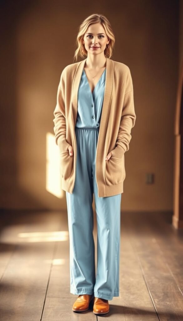 A cozy and chic Thanksgiving outfit featuring a light blue jumpsuit with a wide leg silhouette. The jumpsuit has a V-neckline and a cinched waist, creating a flattering shape. A warm oatmeal-colored cardigan with a relaxed, oversized fit is layered on top, providing a comfy and stylish finishing touch. The model is standing in a rustic, earthy-toned room with soft, diffused lighting, creating a serene and inviting atmosphere. The jumpsuit and cardigan are complemented by subtle gold jewelry and a pair of cognac leather ankle boots, tying the look together for a effortlessly stylish Thanksgiving ensemble. A cozy and chic Thanksgiving outfit featuring a light blue jumpsuit with a wide leg silhouette. The jumpsuit has a V-neckline and a cinched waist, creating a flattering shape. A warm oatmeal-colored cardigan with a relaxed, oversized fit is layered on top, providing a comfy and stylish finishing touch. The model is standing in a rustic, earthy-toned room with soft, diffused lighting, creating a serene and inviting atmosphere. The jumpsuit and cardigan are complemented by subtle gold jewelry and a pair of cognac leather ankle boots, tying the look together for a effortlessly stylish Thanksgiving ensemble.