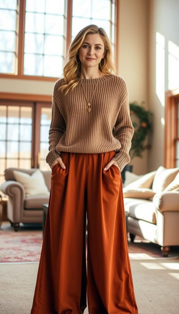 A cozy and stylish Thanksgiving outfit with a pair of flowing palazzo pants in a rich autumnal hue. The model stands confidently in a warm-toned living room, natural light streaming in through large windows. The palazzo pants are paired with a fitted knit sweater in a complementary neutral tone, creating a balanced silhouette. Delicate gold jewelry, such as hoop earrings and a pendant necklace, add a touch of elegance. The model's hair is styled in soft waves, and their makeup is natural and glowing. The overall atmosphere is one of comfort, sophistication, and the spirit of the Thanksgiving holiday. A cozy and stylish Thanksgiving outfit with a pair of flowing palazzo pants in a rich autumnal hue. The model stands confidently in a warm-toned living room, natural light streaming in through large windows. The palazzo pants are paired with a fitted knit sweater in a complementary neutral tone, creating a balanced silhouette. Delicate gold jewelry, such as hoop earrings and a pendant necklace, add a touch of elegance. The model's hair is styled in soft waves, and their makeup is natural and glowing. The overall atmosphere is one of comfort, sophistication, and the spirit of the Thanksgiving holiday.