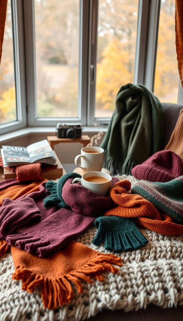A cozy autumn scene, showcasing fall fashion accessories in a warm, inviting atmosphere. In the foreground, an assortment of stylish scarves, gloves, and hats in rich autumnal hues - burgundy, ochre, forest green - artfully arranged on a plush, textured blanket. The middle ground features a wooden side table with a steaming mug of hot apple cider, accompanied by a stack of fashion magazines and a vintage camera. In the background, a large bay window overlooks a picturesque fall landscape, with golden leaves drifting gently in the soft, diffused light. The overall mood is one of coziness, style, and the joyful anticipation of the changing seasons. A cozy autumn scene, showcasing fall fashion accessories in a warm, inviting atmosphere. In the foreground, an assortment of stylish scarves, gloves, and hats in rich autumnal hues - burgundy, ochre, forest green - artfully arranged on a plush, textured blanket. The middle ground features a wooden side table with a steaming mug of hot apple cider, accompanied by a stack of fashion magazines and a vintage camera. In the background, a large bay window overlooks a picturesque fall landscape, with golden leaves drifting gently in the soft, diffused light. The overall mood is one of coziness, style, and the joyful anticipation of the changing seasons.