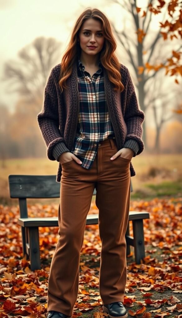 A cozy autumn scene, with a warm, soft lighting casting a golden glow. In the foreground, a comfortable-looking layered outfit, featuring a chunky knit sweater, a plaid button-up shirt, and a pair of high-waisted corduroy pants. The model is posed in a relaxed, natural stance, their hands casually tucked into the pockets of the pants. In the middle ground, a rustic wooden bench or chair, surrounded by fallen leaves in shades of amber, ochre, and crimson. In the background, a blurred landscape of autumnal trees, their branches reaching up towards a hazy, overcast sky. The overall atmosphere is one of comfy, cozy, and effortless fall style. A cozy autumn scene, with a warm, soft lighting casting a golden glow. In the foreground, a comfortable-looking layered outfit, featuring a chunky knit sweater, a plaid button-up shirt, and a pair of high-waisted corduroy pants. The model is posed in a relaxed, natural stance, their hands casually tucked into the pockets of the pants. In the middle ground, a rustic wooden bench or chair, surrounded by fallen leaves in shades of amber, ochre, and crimson. In the background, a blurred landscape of autumnal trees, their branches reaching up towards a hazy, overcast sky. The overall atmosphere is one of comfy, cozy, and effortless fall style.