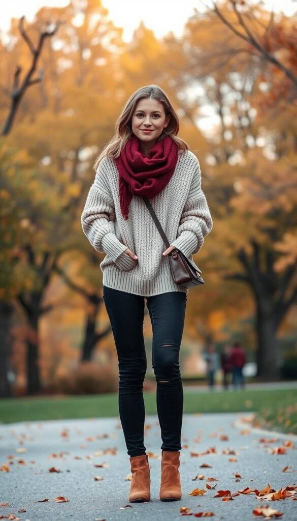 A cozy autumn setting, with a young woman modeling an everyday fall outfit layering. The foreground features the model wearing a beige oversized knit sweater, dark skinny jeans, and camel-colored ankle boots. Her outfit is accessorized with a burgundy scarf and a crossbody bag. The middle ground showcases a lush, tree-lined park in the background, with warm-toned foliage and soft, diffused natural lighting. The atmosphere is serene and inviting, capturing the essence of a crisp, comfortable fall day. The camera angle is slightly elevated, creating a flattering perspective on the outfit and the overall scene. A cozy autumn setting, with a young woman modeling an everyday fall outfit layering. The foreground features the model wearing a beige oversized knit sweater, dark skinny jeans, and camel-colored ankle boots. Her outfit is accessorized with a burgundy scarf and a crossbody bag. The middle ground showcases a lush, tree-lined park in the background, with warm-toned foliage and soft, diffused natural lighting. The atmosphere is serene and inviting, capturing the essence of a crisp, comfortable fall day. The camera angle is slightly elevated, creating a flattering perspective on the outfit and the overall scene.