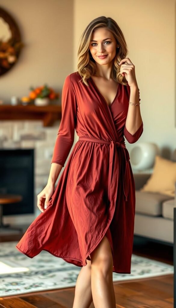 A cozy, autumnal wrap dress styled for a Thanksgiving gathering. The model is posed in a warm, well-lit indoor setting, possibly a living room or dining area. The dress features a rich, burgundy or deep orange hue, flowing gracefully as the model moves. Delicate patterns, such as subtle floral or paisley motifs, add visual interest. The model's hair is styled in soft, loose waves, and they accessorize with simple, elegant jewelry. The lighting is soft and flattering, creating a inviting, comfortable atmosphere. The background is slightly blurred, drawing the focus to the model and their stylish, festive attire. A cozy, autumnal wrap dress styled for a Thanksgiving gathering. The model is posed in a warm, well-lit indoor setting, possibly a living room or dining area. The dress features a rich, burgundy or deep orange hue, flowing gracefully as the model moves. Delicate patterns, such as subtle floral or paisley motifs, add visual interest. The model's hair is styled in soft, loose waves, and they accessorize with simple, elegant jewelry. The lighting is soft and flattering, creating a inviting, comfortable atmosphere. The background is slightly blurred, drawing the focus to the model and their stylish, festive attire.
