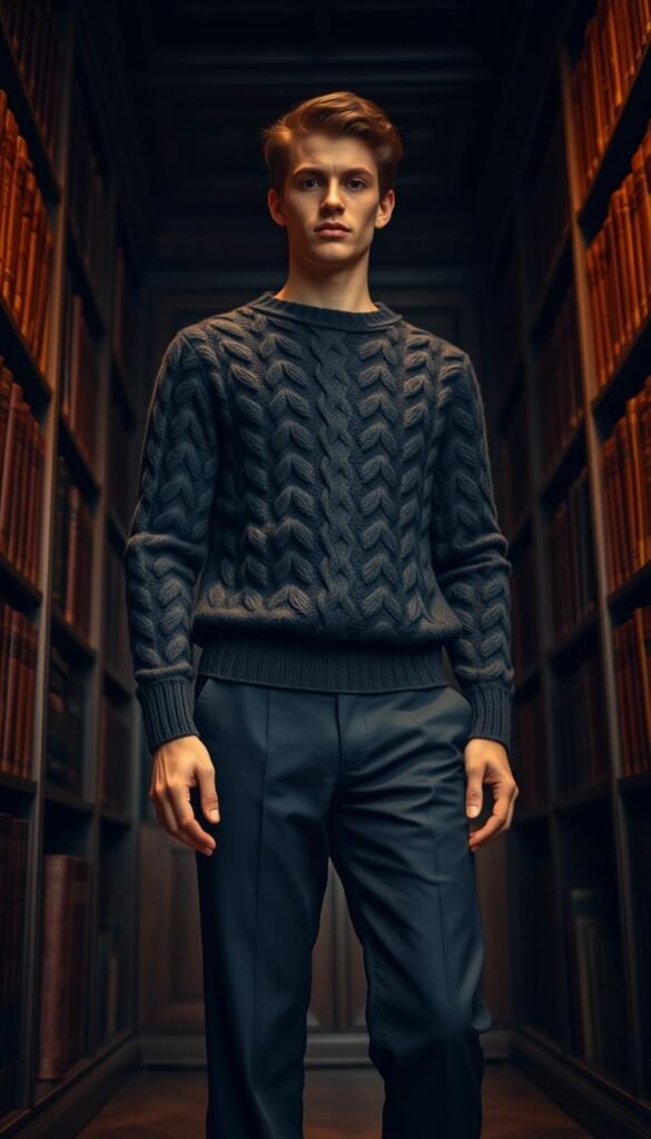 A cozy cable knit sweater in a rich, dark charcoal hue, its intricate patterns casting subtle shadows across the torso. Paired with a set of tailored wool trousers in a deep, midnight blue, the outfit exudes an air of academic sophistication. The model stands in a dimly lit study, surrounded by towering bookshelves filled with leather-bound volumes, creating a moody, contemplative atmosphere. Warm, ambient lighting casts a soft glow, highlighting the textural details of the fabrics and casting dramatic shadows that accentuate the clean lines of the ensemble. The camera angle is slightly low, lending a sense of grandeur to the scene, as if the viewer is peering up at the subject with a reverence befitting the refined elegance of the dark academia aesthetic. A cozy cable knit sweater in a rich, dark charcoal hue, its intricate patterns casting subtle shadows across the torso. Paired with a set of tailored wool trousers in a deep, midnight blue, the outfit exudes an air of academic sophistication. The model stands in a dimly lit study, surrounded by towering bookshelves filled with leather-bound volumes, creating a moody, contemplative atmosphere. Warm, ambient lighting casts a soft glow, highlighting the textural details of the fabrics and casting dramatic shadows that accentuate the clean lines of the ensemble. The camera angle is slightly low, lending a sense of grandeur to the scene, as if the viewer is peering up at the subject with a reverence befitting the refined elegance of the dark academia aesthetic.
