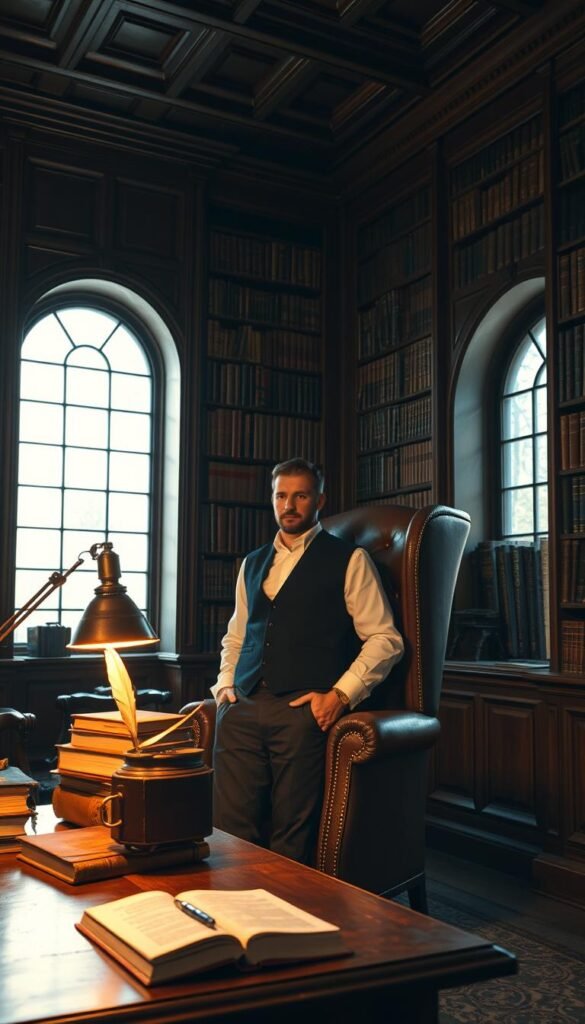 A cozy, dimly lit library interior with rich, dark wood shelves overflowing with leather-bound volumes. In the foreground, a wooden desk adorned with a stack of old books, a quill pen, and an antique brass lamp casting a warm, amber glow. The middle ground features a high-backed leather armchair, its occupant dressed in a crisp white button-down shirt, a navy blue waistcoat, and charcoal grey trousers, completing the quintessential "library scholar" ensemble. Soft, diffused lighting filters through the large, arched windows, lending an air of contemplative serenity to the scene. The background showcases towering bookcases reaching up to a vaulted, coffered ceiling, creating a sense of timeless academic elegance. A cozy, dimly lit library interior with rich, dark wood shelves overflowing with leather-bound volumes. In the foreground, a wooden desk adorned with a stack of old books, a quill pen, and an antique brass lamp casting a warm, amber glow. The middle ground features a high-backed leather armchair, its occupant dressed in a crisp white button-down shirt, a navy blue waistcoat, and charcoal grey trousers, completing the quintessential "library scholar" ensemble. Soft, diffused lighting filters through the large, arched windows, lending an air of contemplative serenity to the scene. The background showcases towering bookcases reaching up to a vaulted, coffered ceiling, creating a sense of timeless academic elegance.