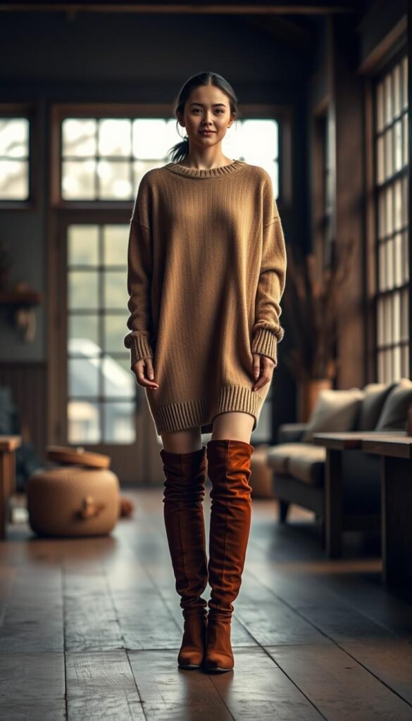 A cozy sweater dress in a warm, neutral tone, slightly oversized for a relaxed fit. The dress falls just above the knee, accentuating the model's shapely legs. Paired with a pair of tall, suede knee-high boots in a rich chestnut color, the outfit exudes an autumnal, rustic charm. The model is standing in a dimly lit, cozy interior, with a soft, natural light filtering in through large windows. The background is blurred, creating a sense of depth and focus on the central figure. Subtle, warm tones throughout, with hints of wood and earthy accents, evoke a sense of comfort and coziness. The model's expression is relaxed and serene, capturing the mood of the outfit. The lighting is soft and flattering, casting gentle shadows and highlights to accentuate the model's features and the texture of the sweater dress and boots. A cozy sweater dress in a warm, neutral tone, slightly oversized for a relaxed fit. The dress falls just above the knee, accentuating the model's shapely legs. Paired with a pair of tall, suede knee-high boots in a rich chestnut color, the outfit exudes an autumnal, rustic charm. The model is standing in a dimly lit, cozy interior, with a soft, natural light filtering in through large windows. The background is blurred, creating a sense of depth and focus on the central figure. Subtle, warm tones throughout, with hints of wood and earthy accents, evoke a sense of comfort and coziness. The model's expression is relaxed and serene, capturing the mood of the outfit. The lighting is soft and flattering, casting gentle shadows and highlights to accentuate the model's features and the texture of the sweater dress and boots.