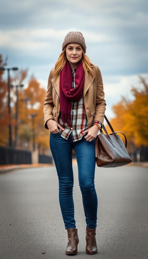 A cozy, transitional fall outfit featuring layered textures and neutral tones. In the foreground, a woman stands confidently, wearing a beige wool sweater, a plaid button-down shirt, and slim-fit blue jeans. Her outfit is completed with a faux-leather moto jacket and a pair of ankle boots. The middle ground showcases a variety of fall accessories, including a burgundy scarf, a structured leather tote, and a knit beanie. In the background, a cool, overcast sky sets the scene, with the golden hues of changing leaves peeking through. The lighting is soft and diffused, creating a warm, autumnal ambiance. Captured with a DSLR camera, this image emphasizes the cozy, layered elegance of transitional fall fashion. A cozy, transitional fall outfit featuring layered textures and neutral tones. In the foreground, a woman stands confidently, wearing a beige wool sweater, a plaid button-down shirt, and slim-fit blue jeans. Her outfit is completed with a faux-leather moto jacket and a pair of ankle boots. The middle ground showcases a variety of fall accessories, including a burgundy scarf, a structured leather tote, and a knit beanie. In the background, a cool, overcast sky sets the scene, with the golden hues of changing leaves peeking through. The lighting is soft and diffused, creating a warm, autumnal ambiance. Captured with a DSLR camera, this image emphasizes the cozy, layered elegance of transitional fall fashion.