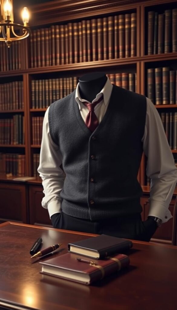 A dimly lit academic library, the warm glow of brass lamps casting a cozy ambiance. On the oak shelves, a carefully curated collection of leather-bound books, their spines hinting at the knowledge they contain. In the foreground, a mahogany desk holds the essentials of the dark academia wardrobe - a crisp white oxford shirt, a charcoal grey sweater vest, a burgundy necktie, and a pair of tailored black trousers. A vintage fountain pen and a leather-bound journal rest nearby, ready to capture the intellectual musings of the wearer. The overall scene evokes a sense of scholarly sophistication and timeless elegance. A dimly lit academic library, the warm glow of brass lamps casting a cozy ambiance. On the oak shelves, a carefully curated collection of leather-bound books, their spines hinting at the knowledge they contain. In the foreground, a mahogany desk holds the essentials of the dark academia wardrobe - a crisp white oxford shirt, a charcoal grey sweater vest, a burgundy necktie, and a pair of tailored black trousers. A vintage fountain pen and a leather-bound journal rest nearby, ready to capture the intellectual musings of the wearer. The overall scene evokes a sense of scholarly sophistication and timeless elegance.