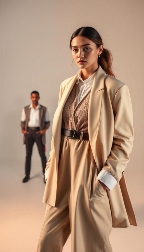A fashion model showcases three distinct layering techniques in a meticulously lit studio setting. In the foreground, she wears a crisp white button-down shirt layered with a cozy knit sweater, accented by an oversized blazer. In the middle ground, she dons a sleeveless dress layered over a delicate lace camisole, cinched at the waist with a statement belt. In the background, the model layers a long flowing maxi skirt with a cropped leather jacket, creating a chic and versatile ensemble. Warm, directional lighting highlights the textural interplay of the layered garments, while a minimalist backdrop allows the focus to remain on the styling demonstration. A fashion model showcases three distinct layering techniques in a meticulously lit studio setting. In the foreground, she wears a crisp white button-down shirt layered with a cozy knit sweater, accented by an oversized blazer. In the middle ground, she dons a sleeveless dress layered over a delicate lace camisole, cinched at the waist with a statement belt. In the background, the model layers a long flowing maxi skirt with a cropped leather jacket, creating a chic and versatile ensemble. Warm, directional lighting highlights the textural interplay of the layered garments, while a minimalist backdrop allows the focus to remain on the styling demonstration.