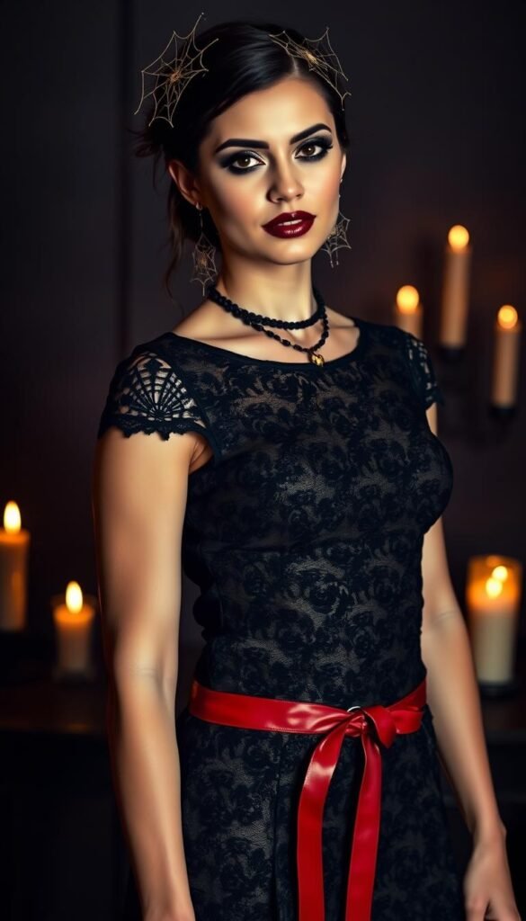 A fashionable model poses against a dimly lit, moody backdrop. She wears a sleek, black lace dress with intricate patterns, cinched at the waist with a bold red belt. Her makeup is dramatic, with dark, smoky eyes and a deep burgundy lip. Delicate spider web accessories adorn her hair and neck, casting eerie shadows. Ambient candlelight flickers, creating a spooky yet alluring atmosphere. The model's expression is confident and captivating, embodying the perfect balance of spooky and chic for a Halloween party. A fashionable model poses against a dimly lit, moody backdrop. She wears a sleek, black lace dress with intricate patterns, cinched at the waist with a bold red belt. Her makeup is dramatic, with dark, smoky eyes and a deep burgundy lip. Delicate spider web accessories adorn her hair and neck, casting eerie shadows. Ambient candlelight flickers, creating a spooky yet alluring atmosphere. The model's expression is confident and captivating, embodying the perfect balance of spooky and chic for a Halloween party.