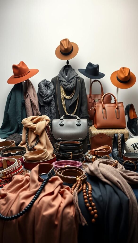 A fashionable still life highlighting diverse accessory layering techniques. In the foreground, an artfully arranged collection of scarves, belts, necklaces, and bracelets in a harmonious color palette. The middle ground features a variety of hats, bags, and shoes that seamlessly integrate with the accessories. The background is a softly lit, minimalist studio setting, allowing the stylish accoutrements to take center stage. Careful composition, dramatic lighting, and a refined aesthetic convey an atmosphere of effortless sophistication and personal style. A fashionable still life highlighting diverse accessory layering techniques. In the foreground, an artfully arranged collection of scarves, belts, necklaces, and bracelets in a harmonious color palette. The middle ground features a variety of hats, bags, and shoes that seamlessly integrate with the accessories. The background is a softly lit, minimalist studio setting, allowing the stylish accoutrements to take center stage. Careful composition, dramatic lighting, and a refined aesthetic convey an atmosphere of effortless sophistication and personal style.